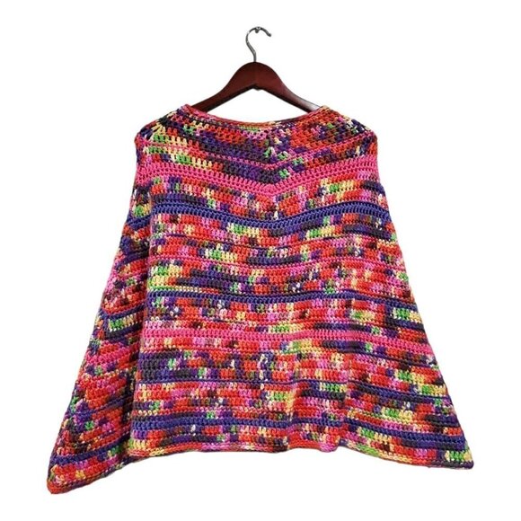 Hand Knitted Crochet Colorful Striped Shawl Poncho Bright Colors Warm One Size - Picture 2 of 7